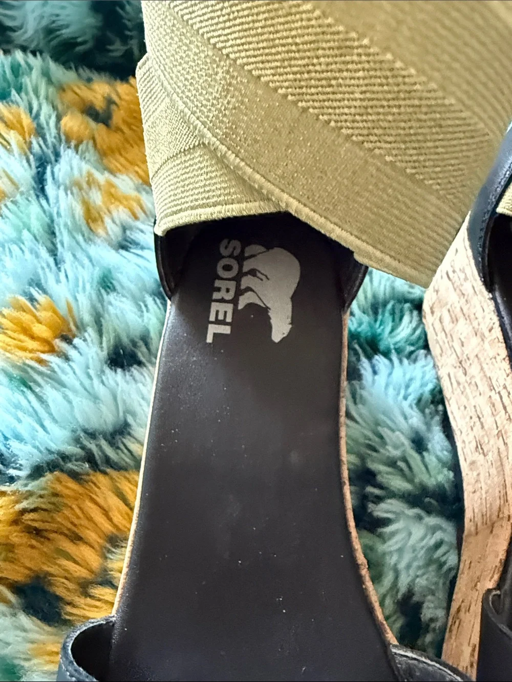 Sorel Black Leather Wedge Sandals with Olive Ankle Wrap